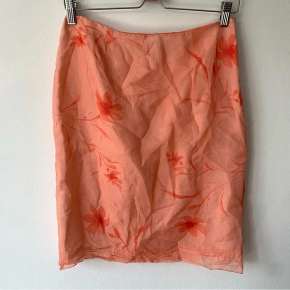 Vintage Ann Taylor Pink Silk Knee Length Pencil Skirt Pink Coral Flower 90s - Picture 1 of 4